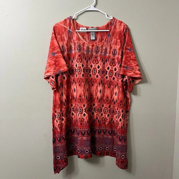 Catherines Womens Multicolor Blouse 1X Paisley Scoop Neck Short Sleeve Studded - Picture 4 of 8